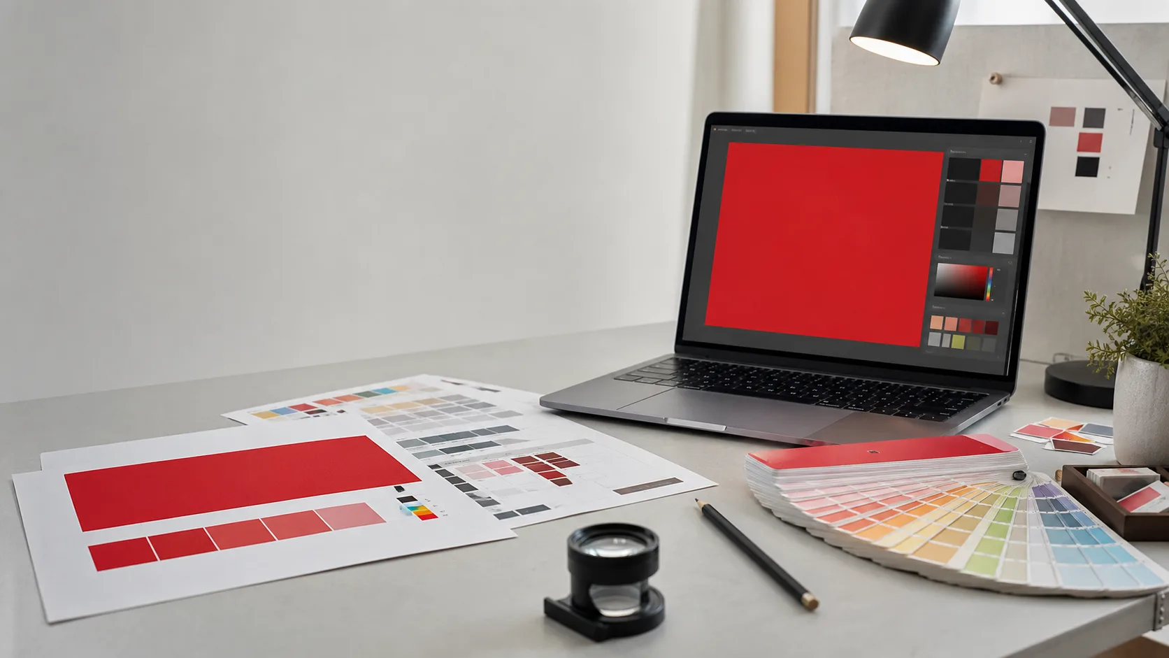 Design desk with a laptop color swatch, printed proofs, color chips, and a loupe under a studio lamp