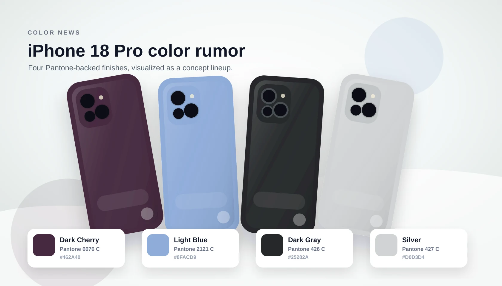 Concept lineup of four rumored iPhone 18 Pro finishes with Pantone swatches for cherry blue gray and silver