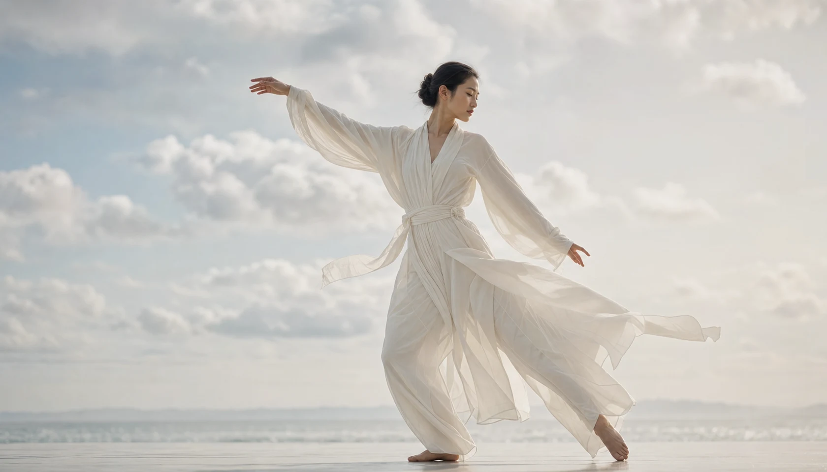 Dancer in flowing warm white clothing moving under a soft cloudy sky