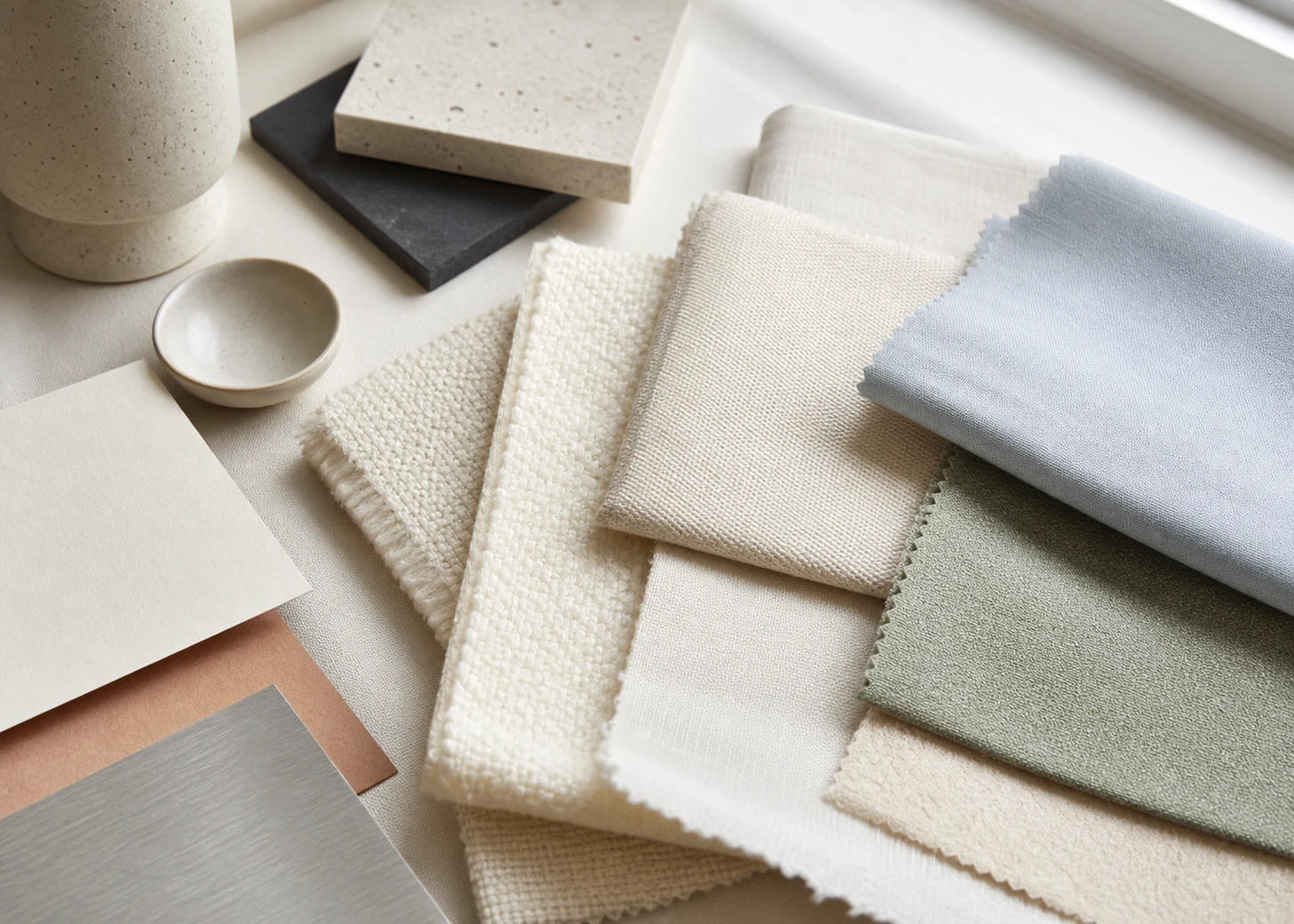 Warm off-white fabric swatches with charcoal blue sage clay metal ceramic and paper materials
