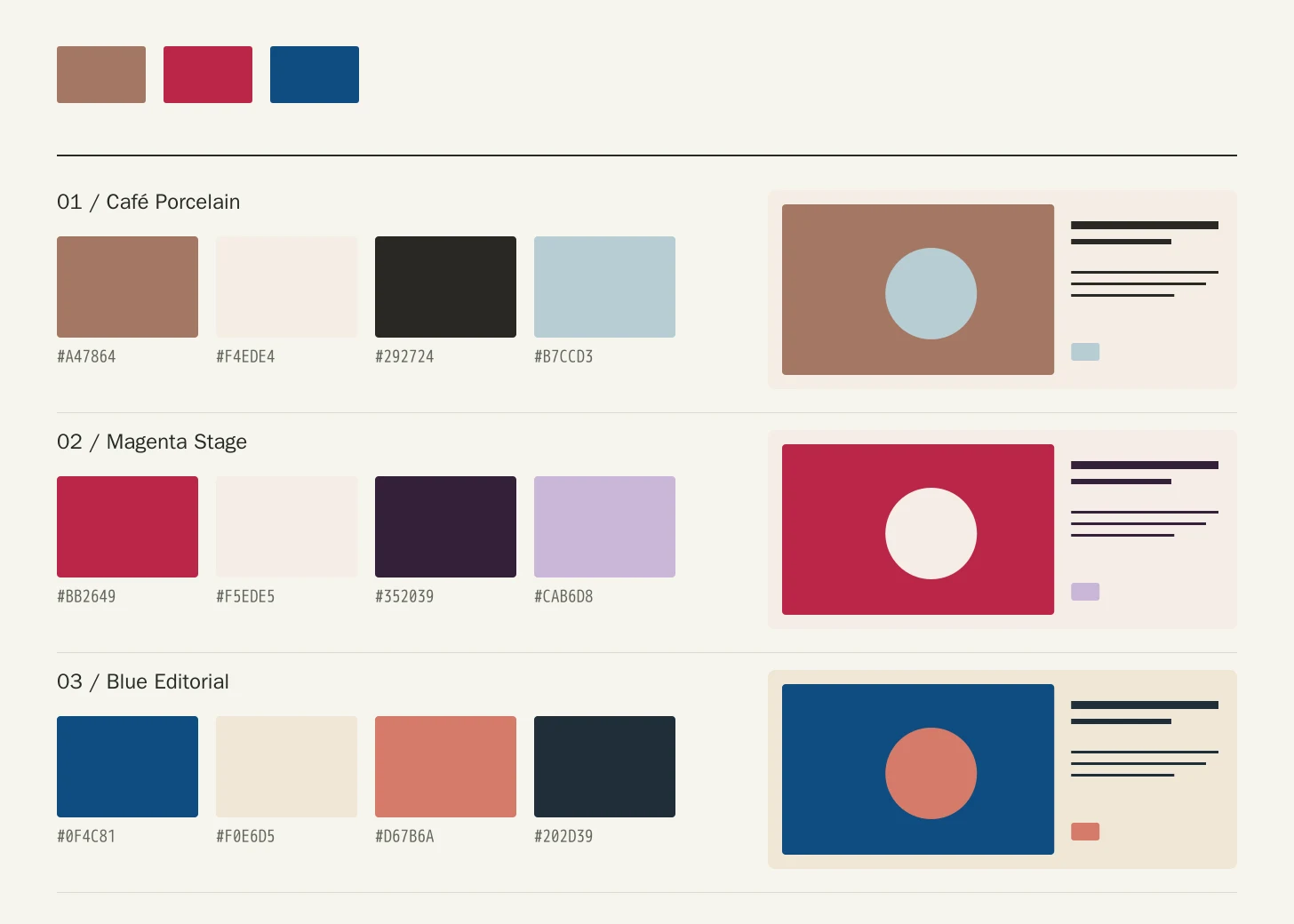 Three original four-color compositions showing Mocha Mousse, Viva Magenta, and Classic Blue with supporting colors