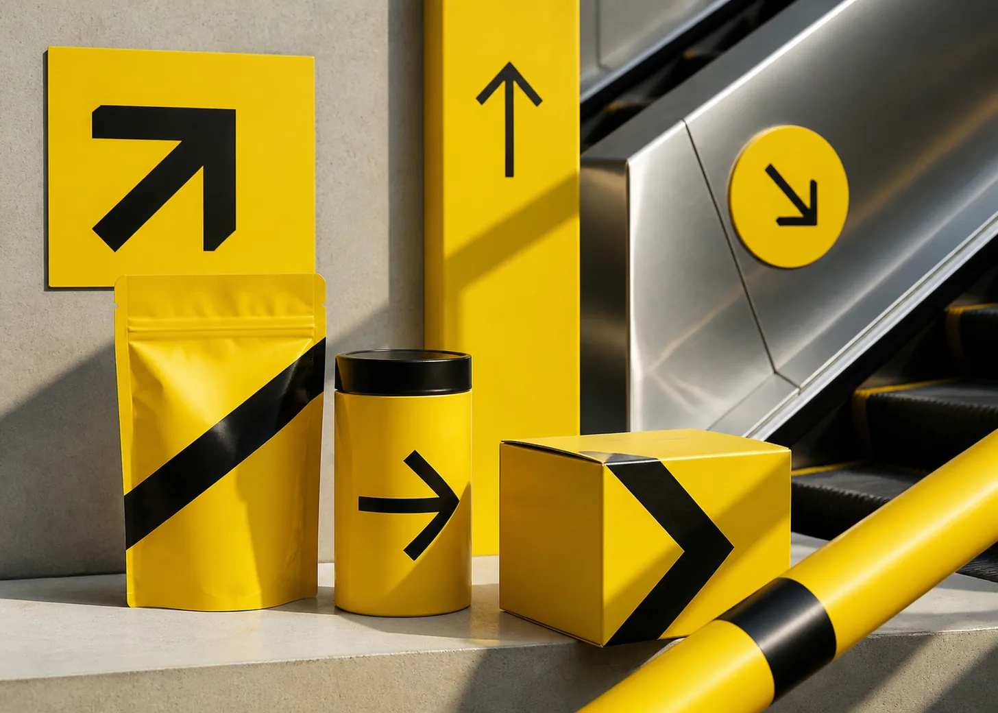 Bright yellow retail and transit wayfinding objects with bold black graphic shapes