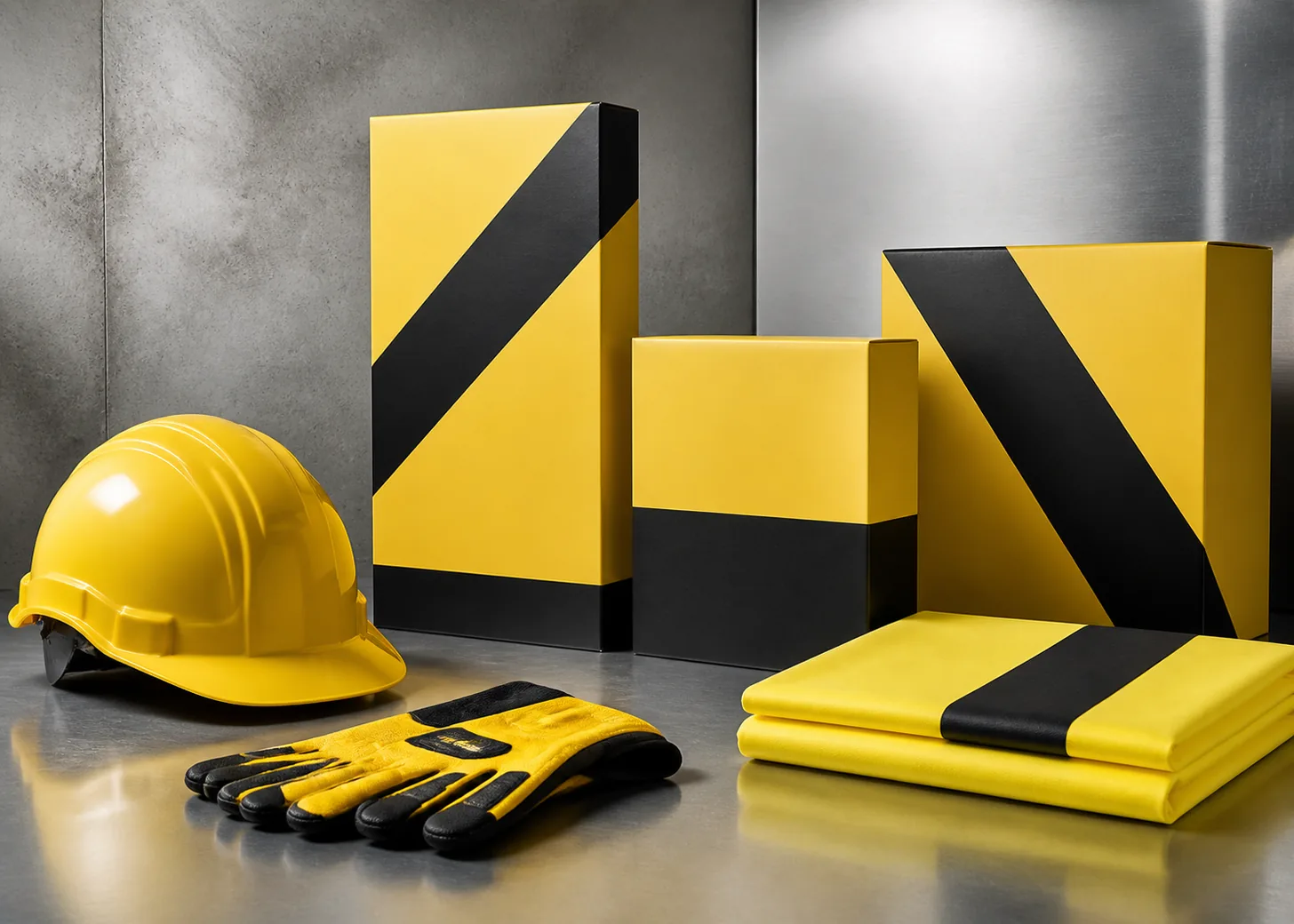 Vivid yellow equipment, warning-style marker, and packaging with black details