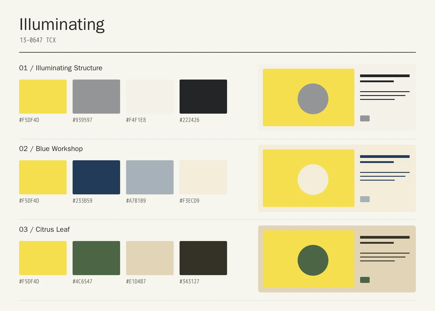 Illuminating color study with three four-color palette rows and geometric application compositions