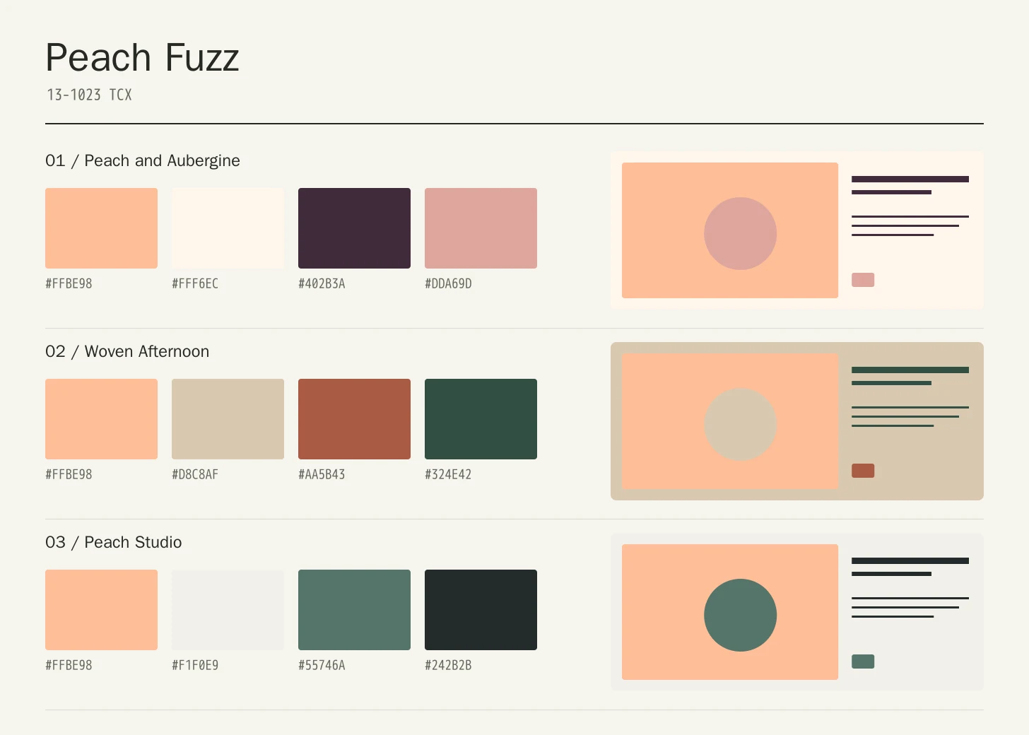 Peach Fuzz color study with three four-color palette rows and geometric application compositions
