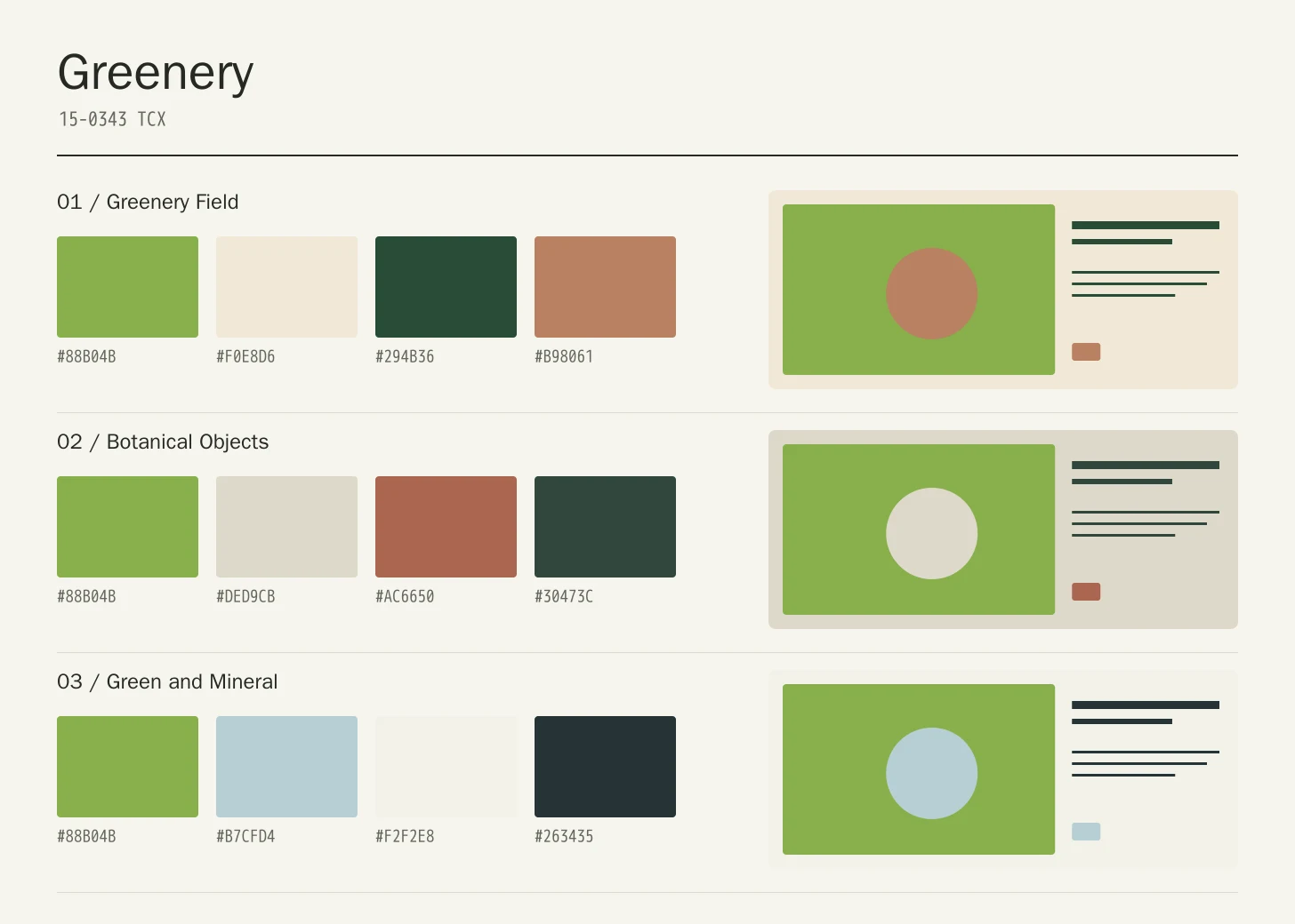 Greenery color study with three four-color palette rows and geometric application compositions