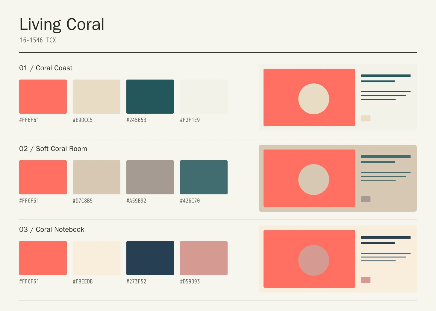 Living Coral color study with three four-color palette rows and geometric application compositions