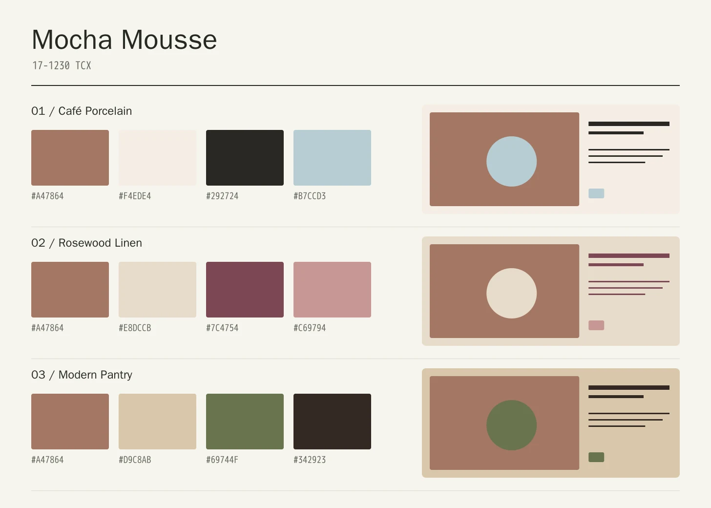 Mocha Mousse color study with three four-color palette rows and geometric application compositions