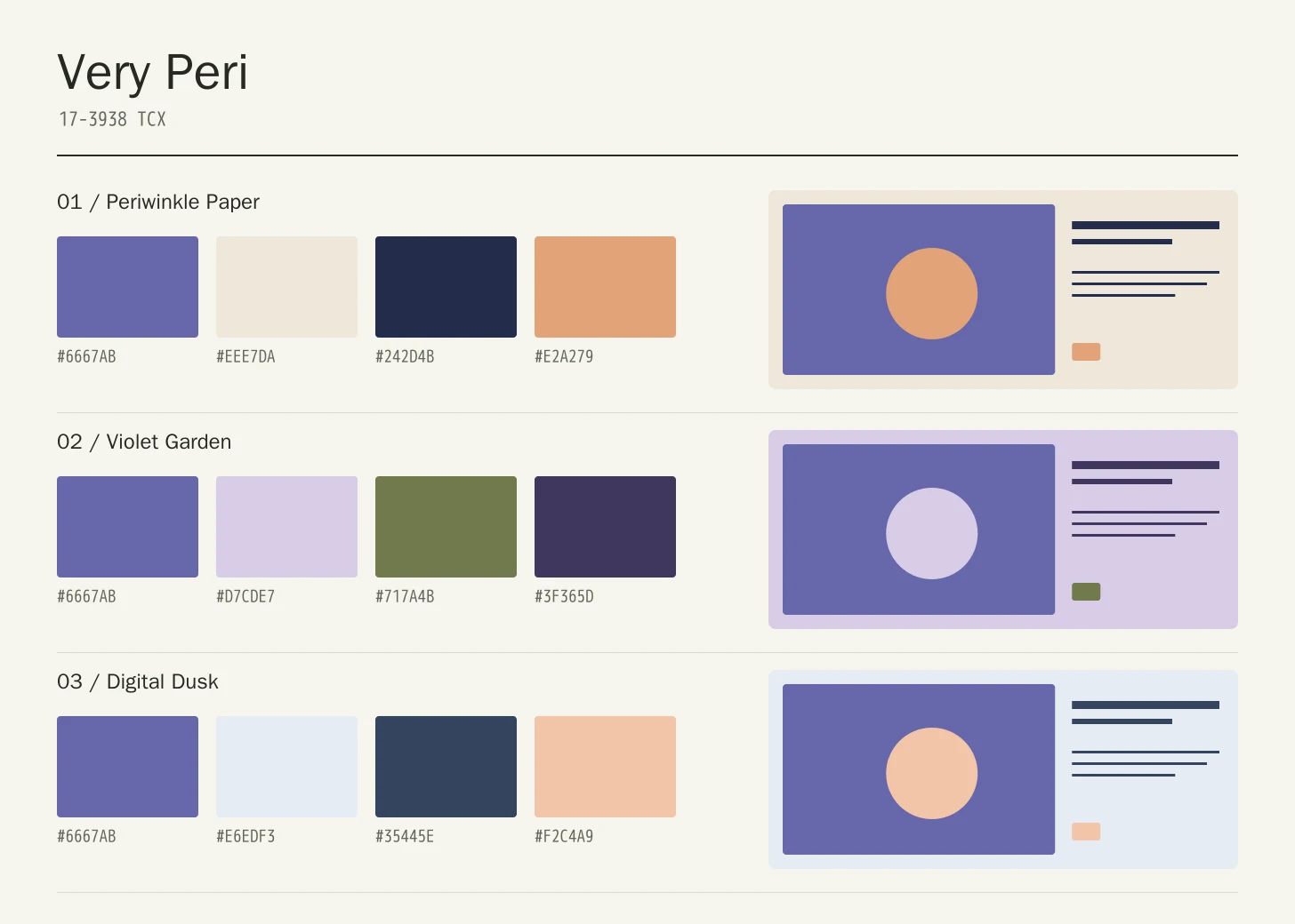 Very Peri color study with three four-color palette rows and geometric application compositions