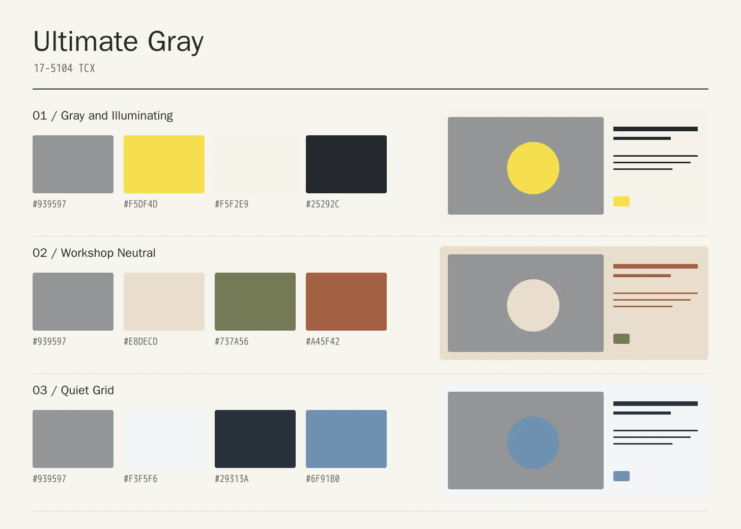Ultimate Gray color study with three four-color palette rows and geometric application compositions