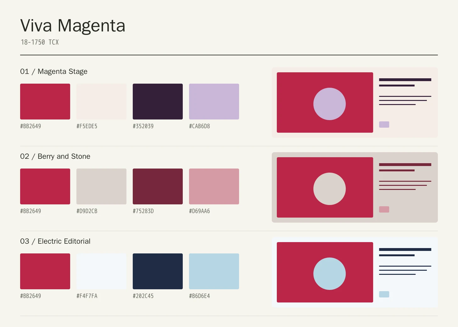 Viva Magenta color study with three four-color palette rows and geometric application compositions