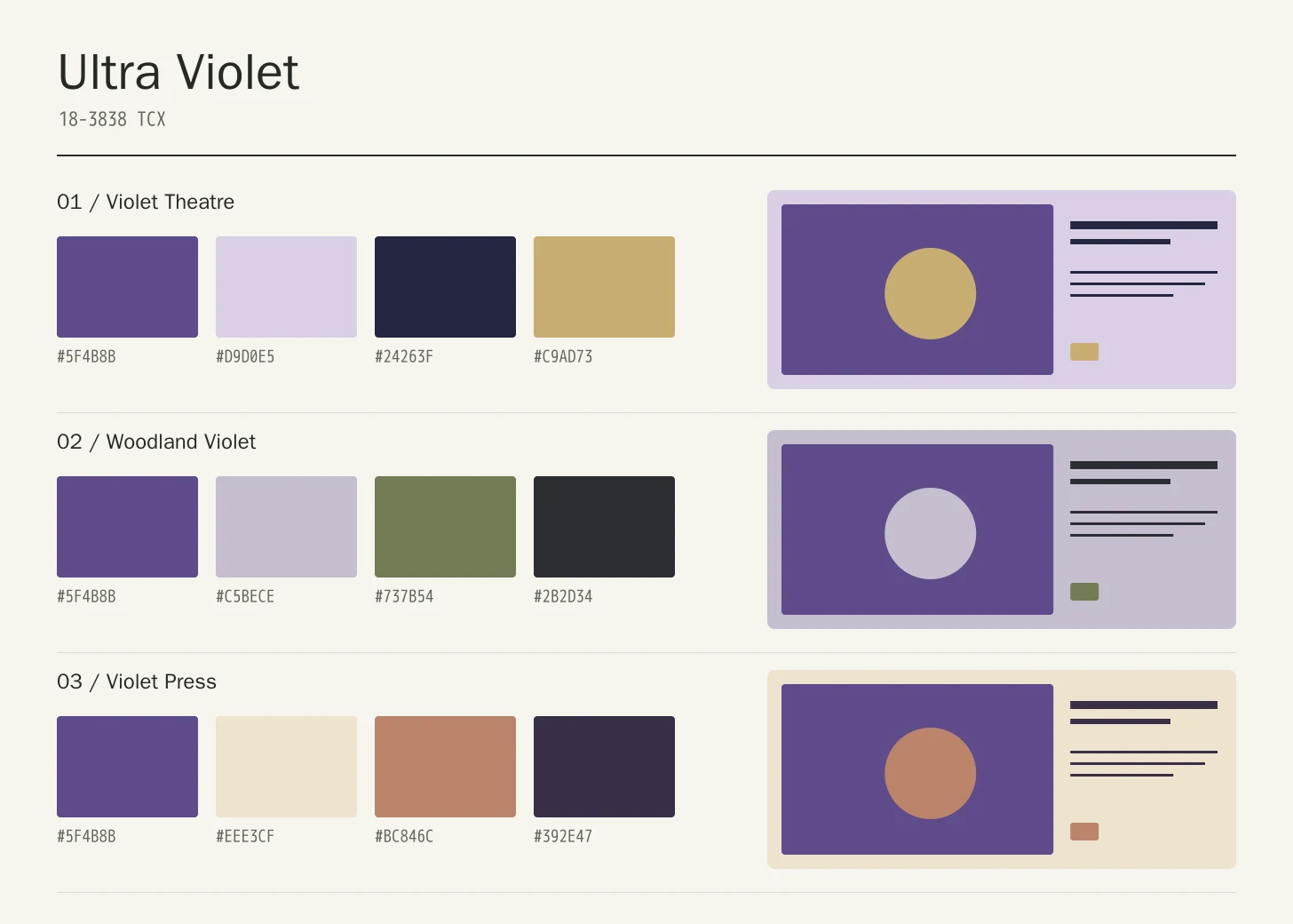 Ultra Violet color study with three four-color palette rows and geometric application compositions