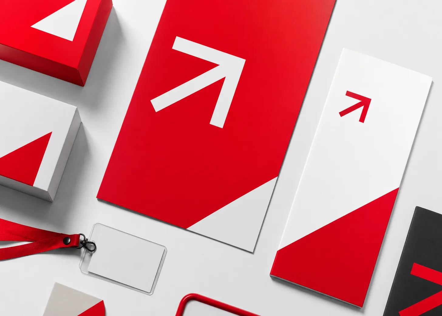 Red wayfinding objects, access pass, and coated package in a neutral setting