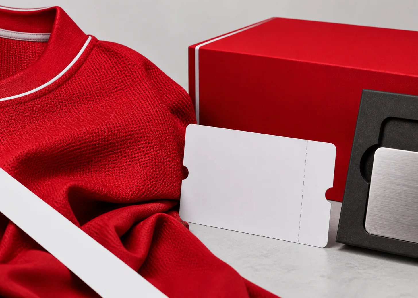 Deep red sports uniform, event ticket, and rigid package with pale lettering