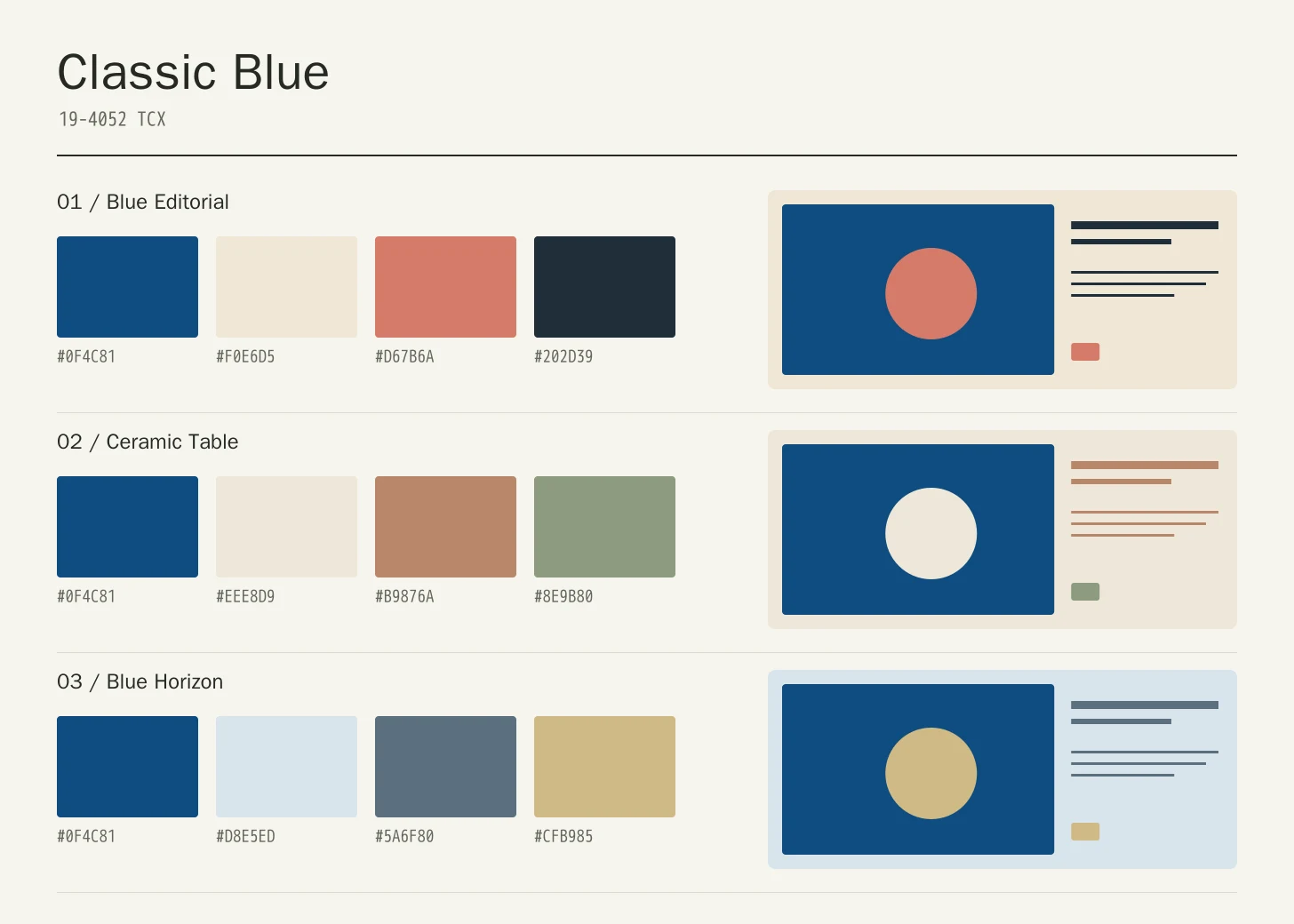 Classic Blue color study with three four-color palette rows and geometric application compositions