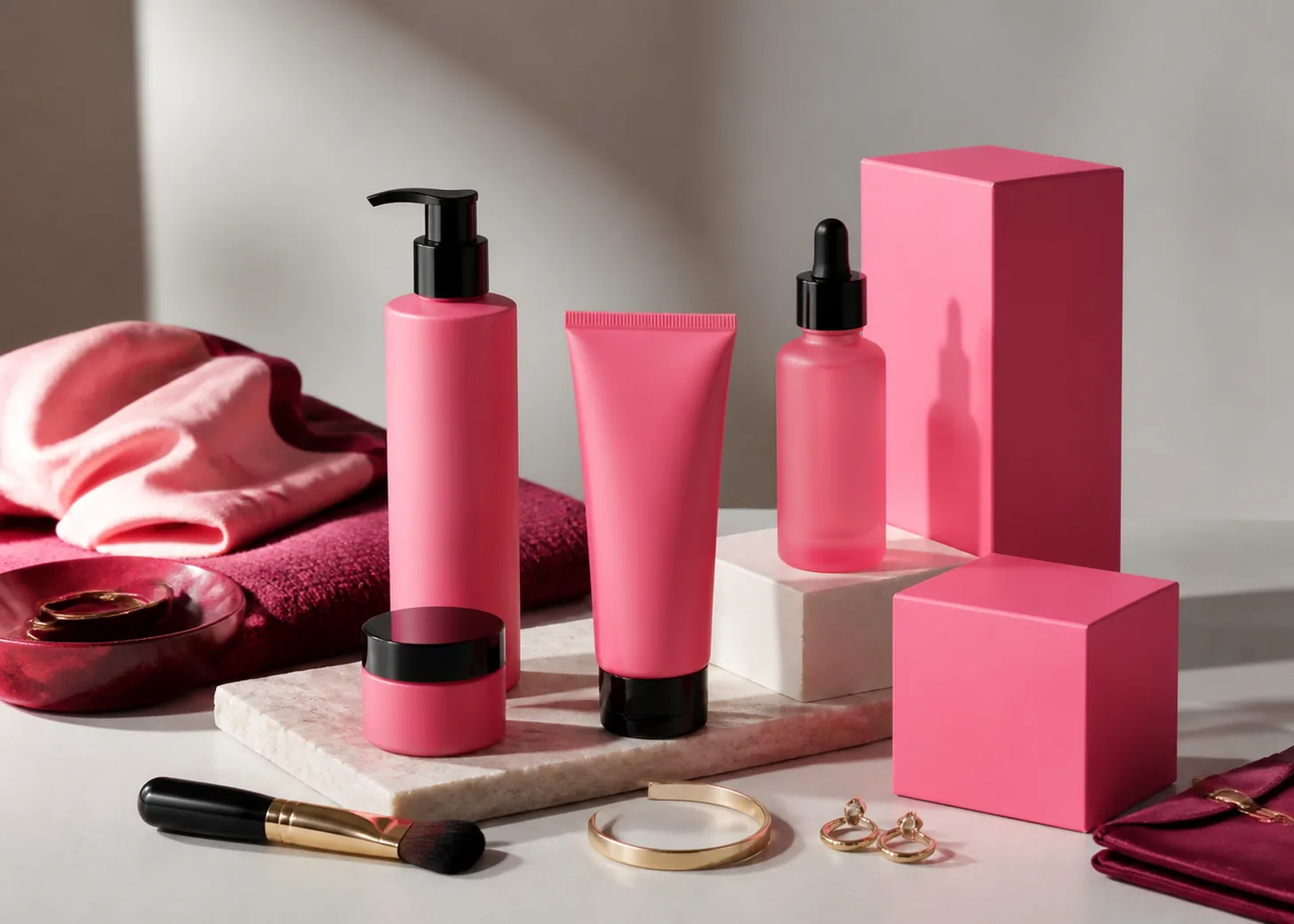 Bright pink cosmetic packaging, folded textile, and accessories with dark graphic details