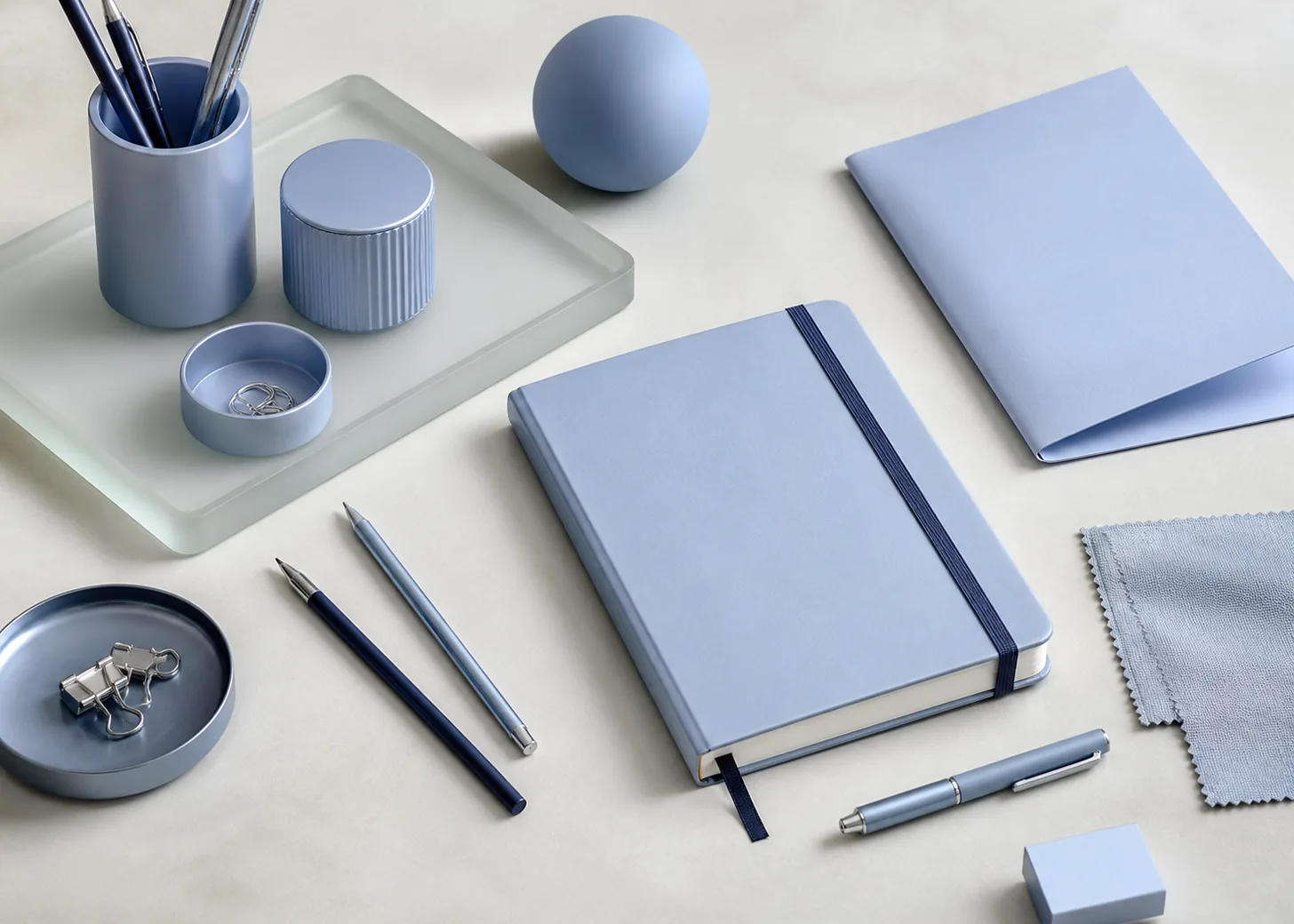 Light blue metal, frosted glass, and stationery with dark details