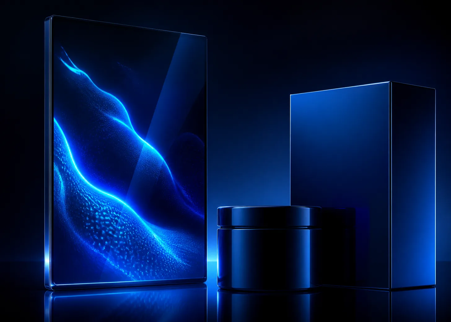 Electric blue luminous interface beside glossy blue packaging in a dark studio