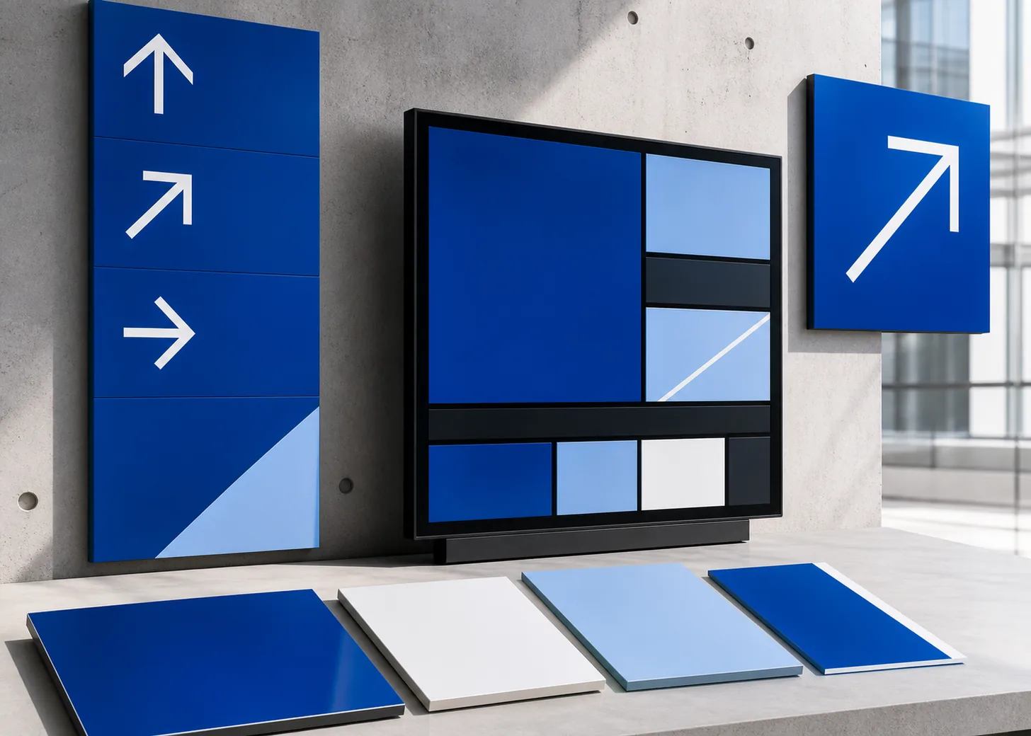 Blue transit wayfinding objects and digital information panel