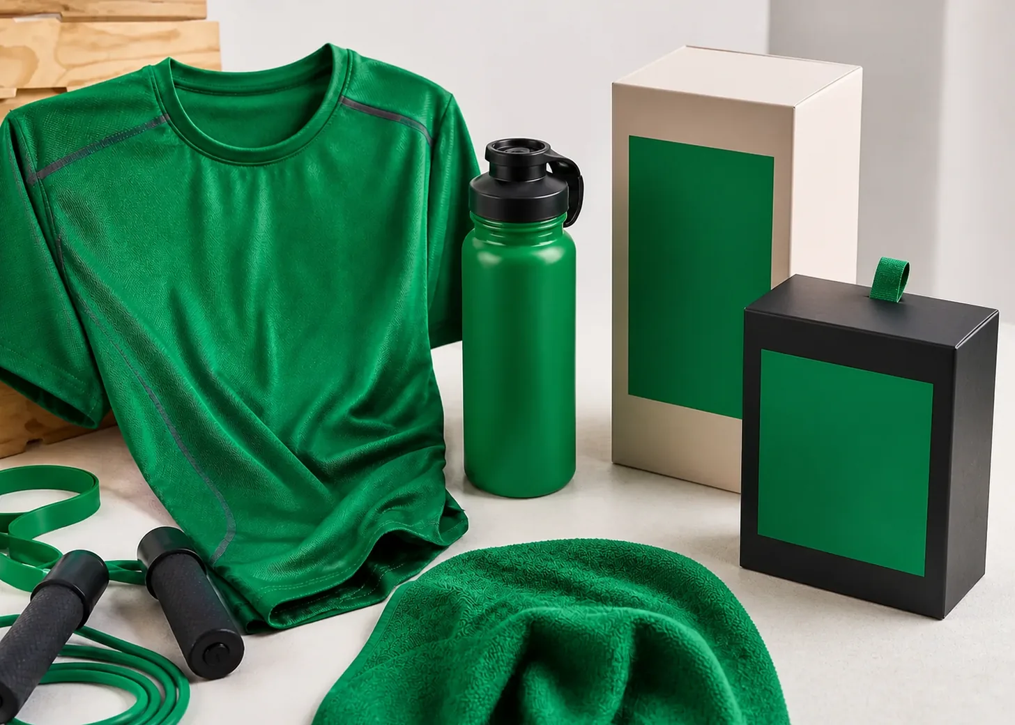 Energetic green sports materials and product label with neutral supporting objects