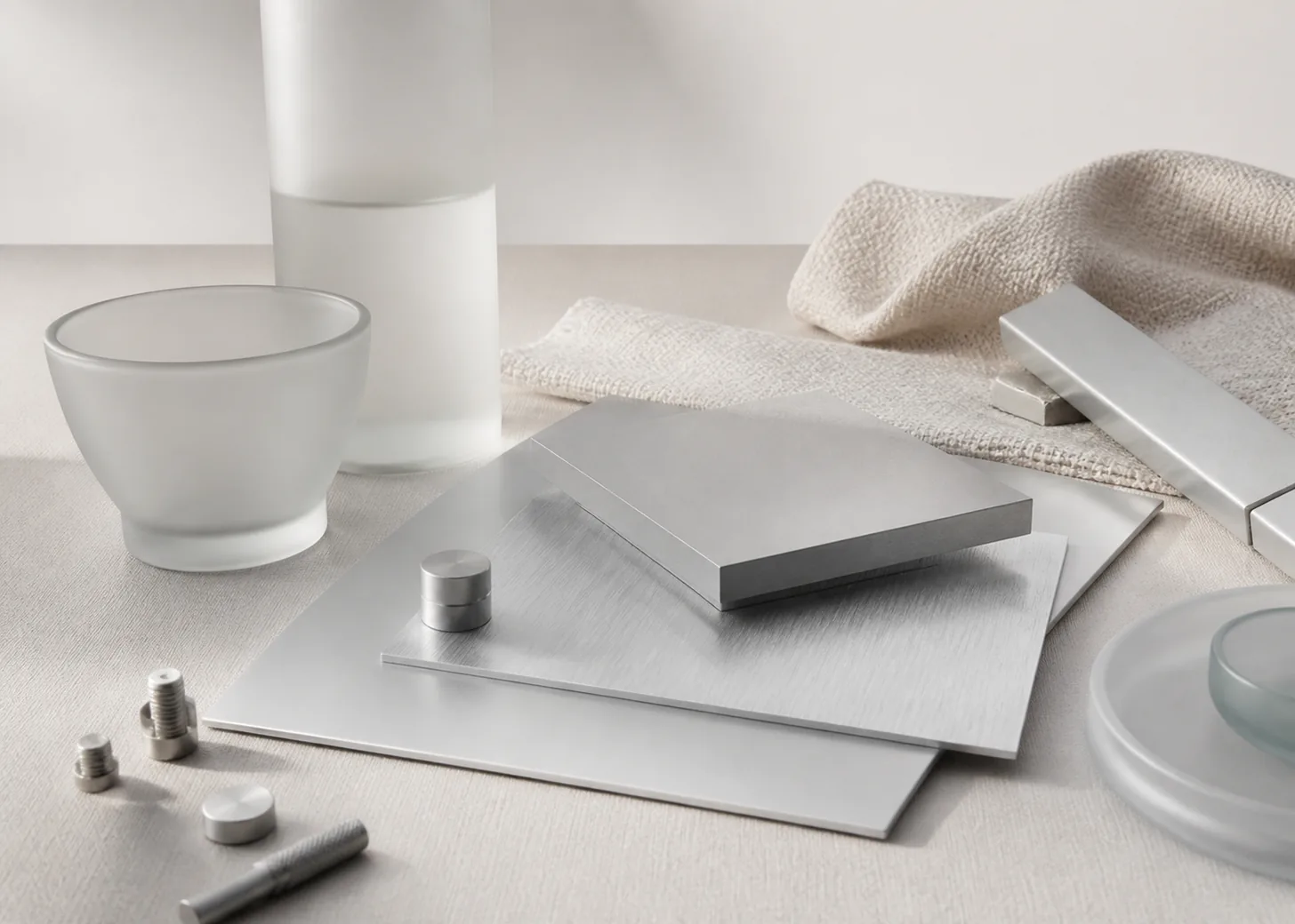 Matte and brushed silver-gray metal with glass and pale textile