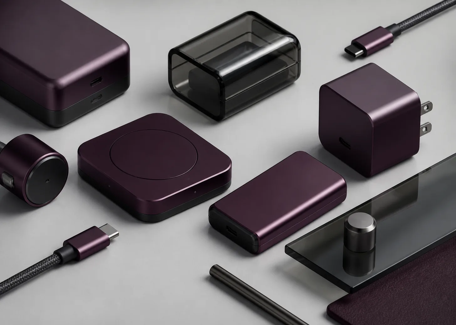 Deep plum anodized metal, smoked glass, and technology accessories