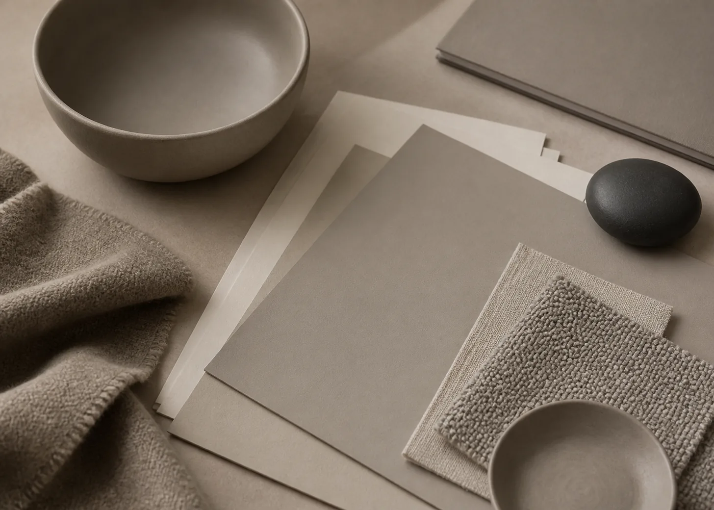 Warm gray ceramic vessels, design paper, and folded fabric in soft studio light